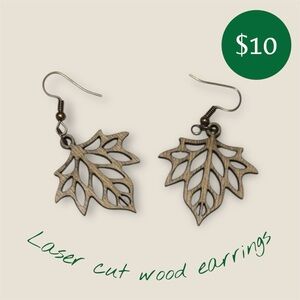 Leaf Design Laser Cut Wood Earrings